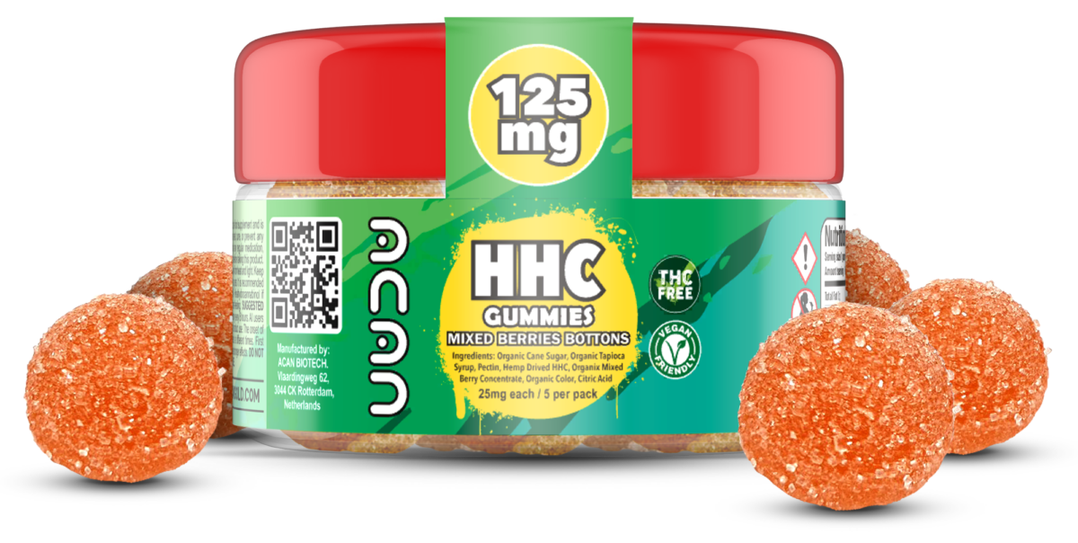 a tub of mixed berry HHC gummies. each tub contains 5 gummies with 25mg of HHC in each gummy