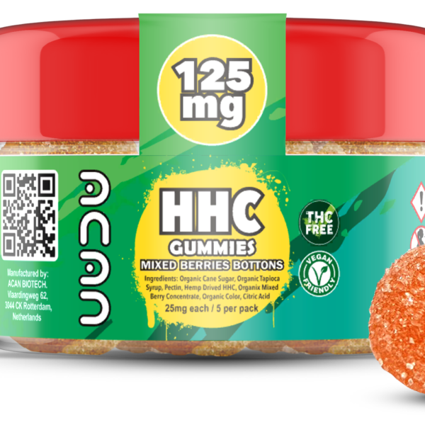 a tub of mixed berry HHC gummies. each tub contains 5 gummies with 25mg of HHC in each gummy