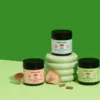 this is a photo of 3 tubs of ceelabb mushroom capsules one of each version, calm, happy gut, and focus with shiitake mushrooms against a green background